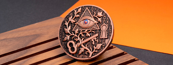 Antique copper coin with an all-seeing eye, a key and a keyhole among vines over a field of binary code