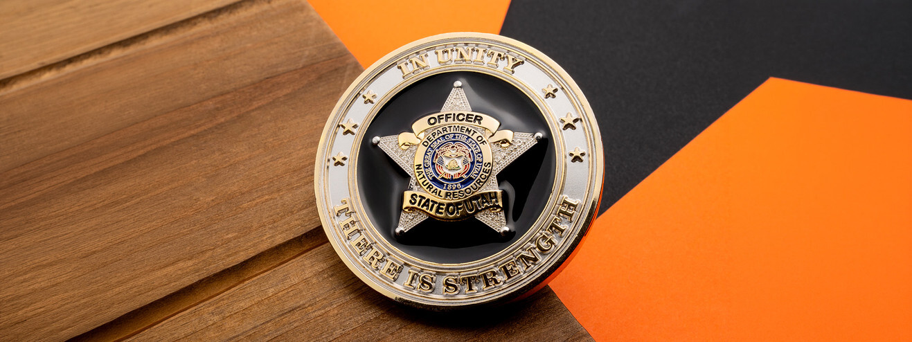 Gold and silver coin with a silver officer star badge on black enamel, ringed by In Unity There Is Strength, on wood and orange paper