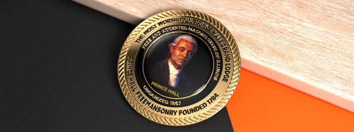Gold rope edged Prince Hall Grand Lodge coin with a domed portrait of Prince Hall
