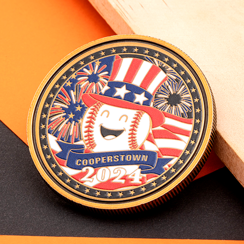 An American made challenge coin with gold plating and UV printed color