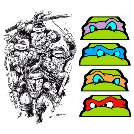 Ninja turtles pencil sketch showing all four heroes in action