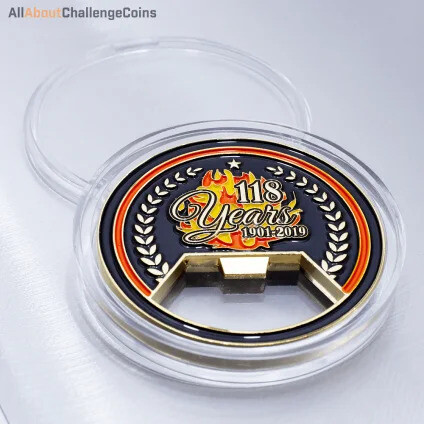 Full-color anniversary coin sealed in a clear plastic capsule