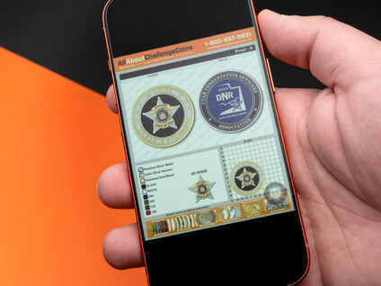 Phone screen showing a challenge coin proof sheet with front and back designs